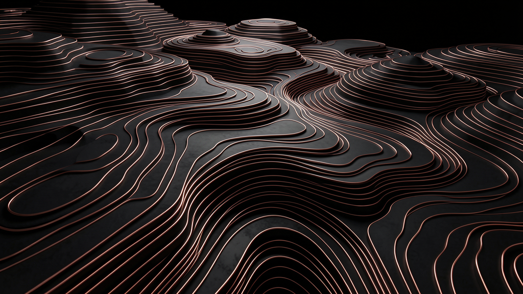 An impossible cartographic landscape of glowing routes, contour ridges and constellations of concepts