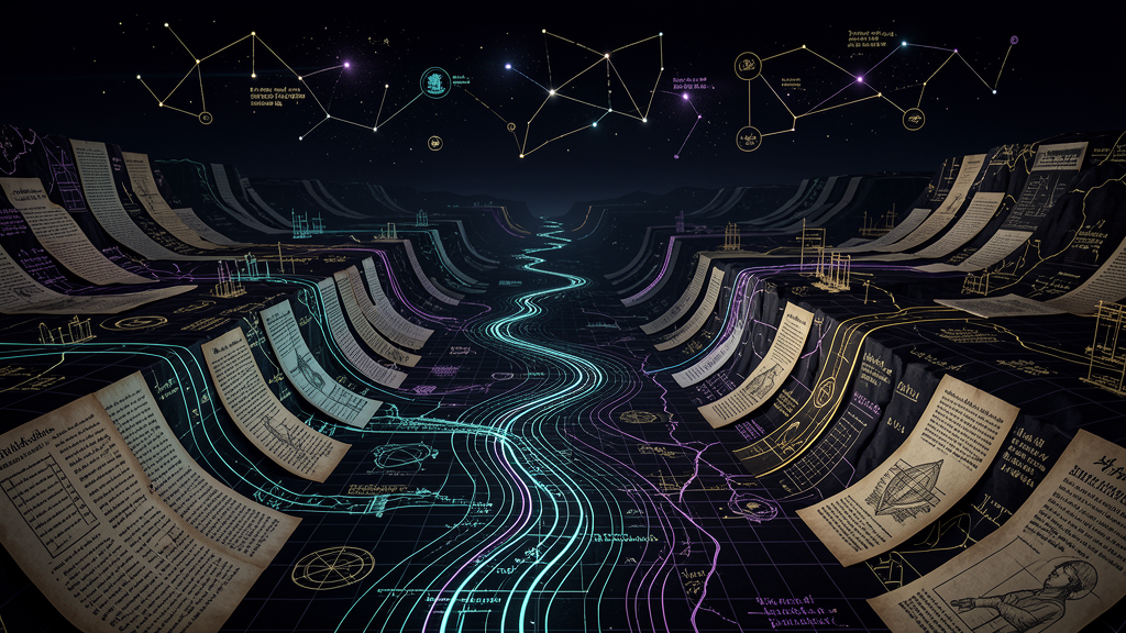 An impossible cartographic landscape of glowing routes, contour ridges and constellations of concepts